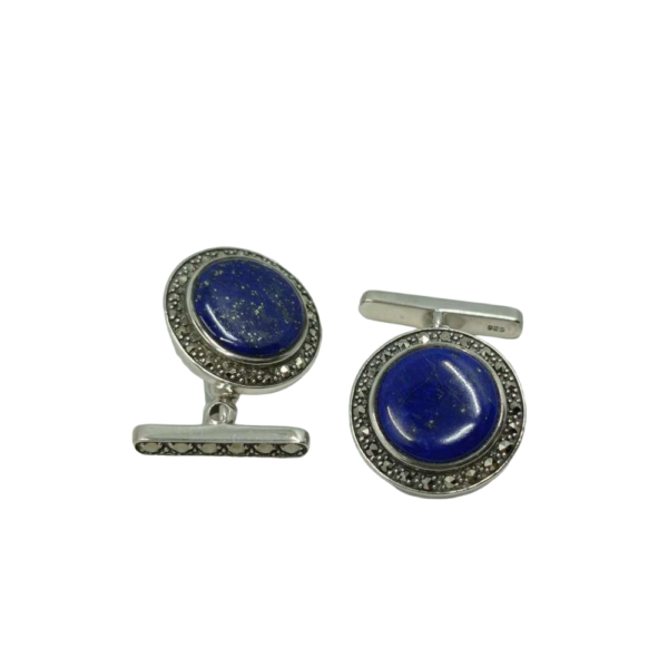 Boutons de manchettes argent, lapis-lazuli et marcassites (vue dessus).