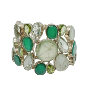 Bracelet argent, type manchette, agate verte, quartz vert, prehnite et péridot (vue face).