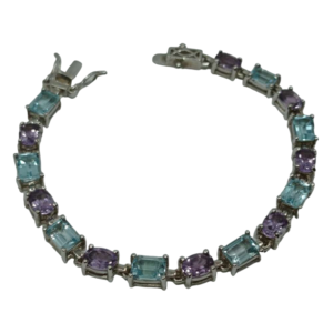 Bracelet argent, motifs avec améthyste ovales et topazes bleues rectangles (vue dessus).
