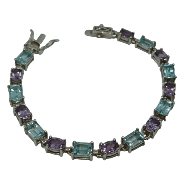 Bracelet argent, motifs avec améthyste ovales et topazes bleues rectangles (vue dessus).